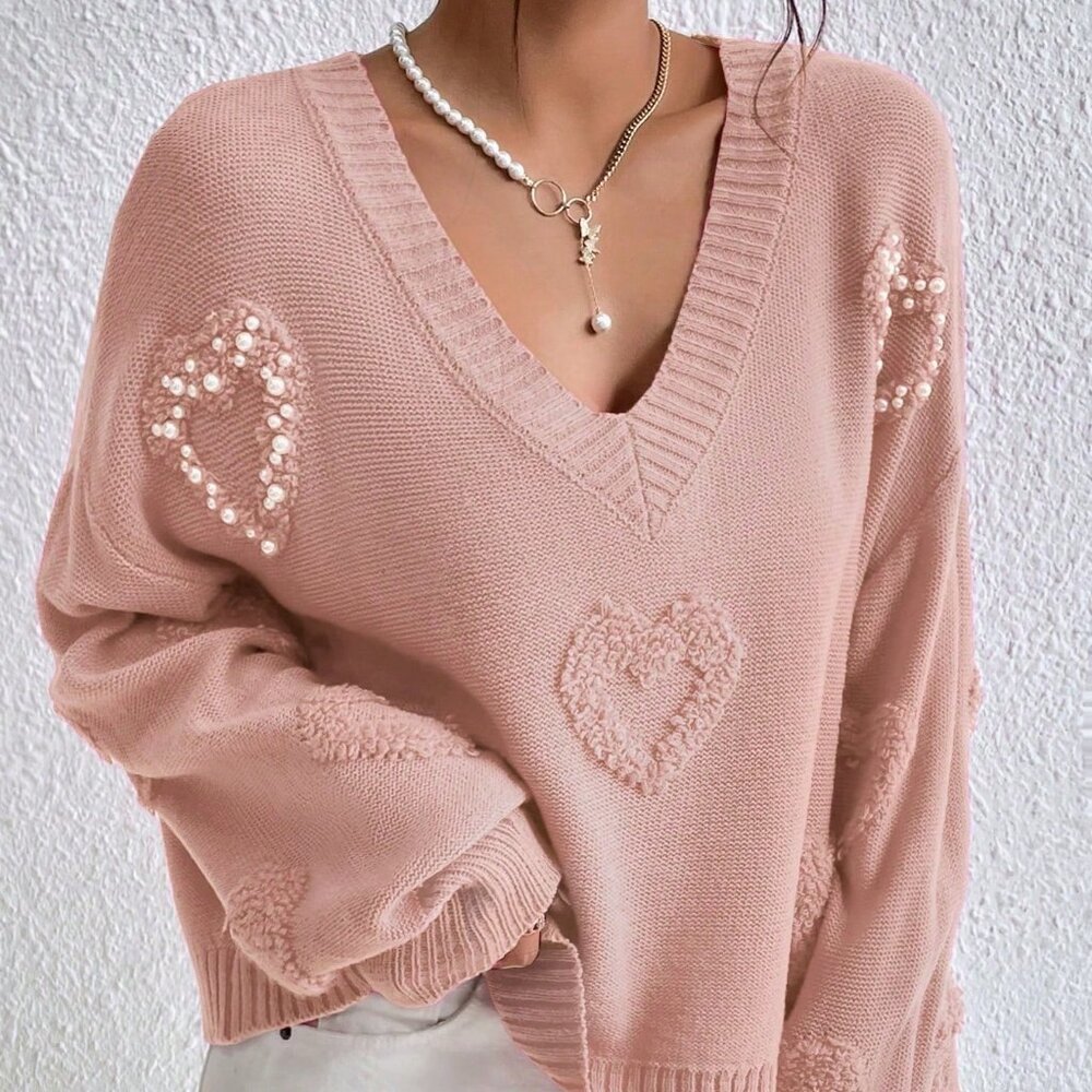 Coral Pink Casual Women's Heart Pattern Drop Shoulder Pearls Beaded Sweater - Picture 5 of 6
